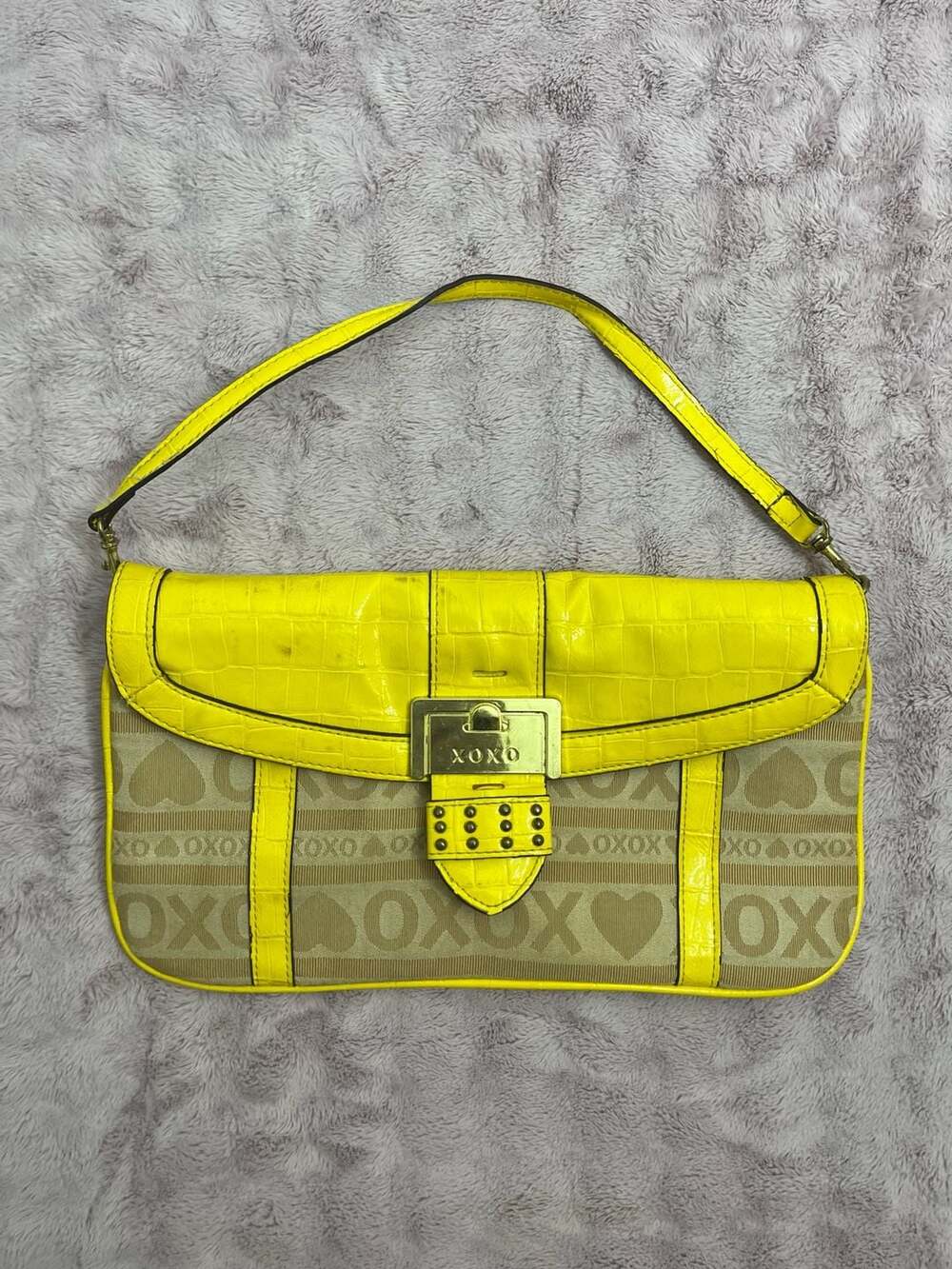 XOXO Yellow Crocodile-Embossed Logo Print Shoulder Bag with Studded Buckle